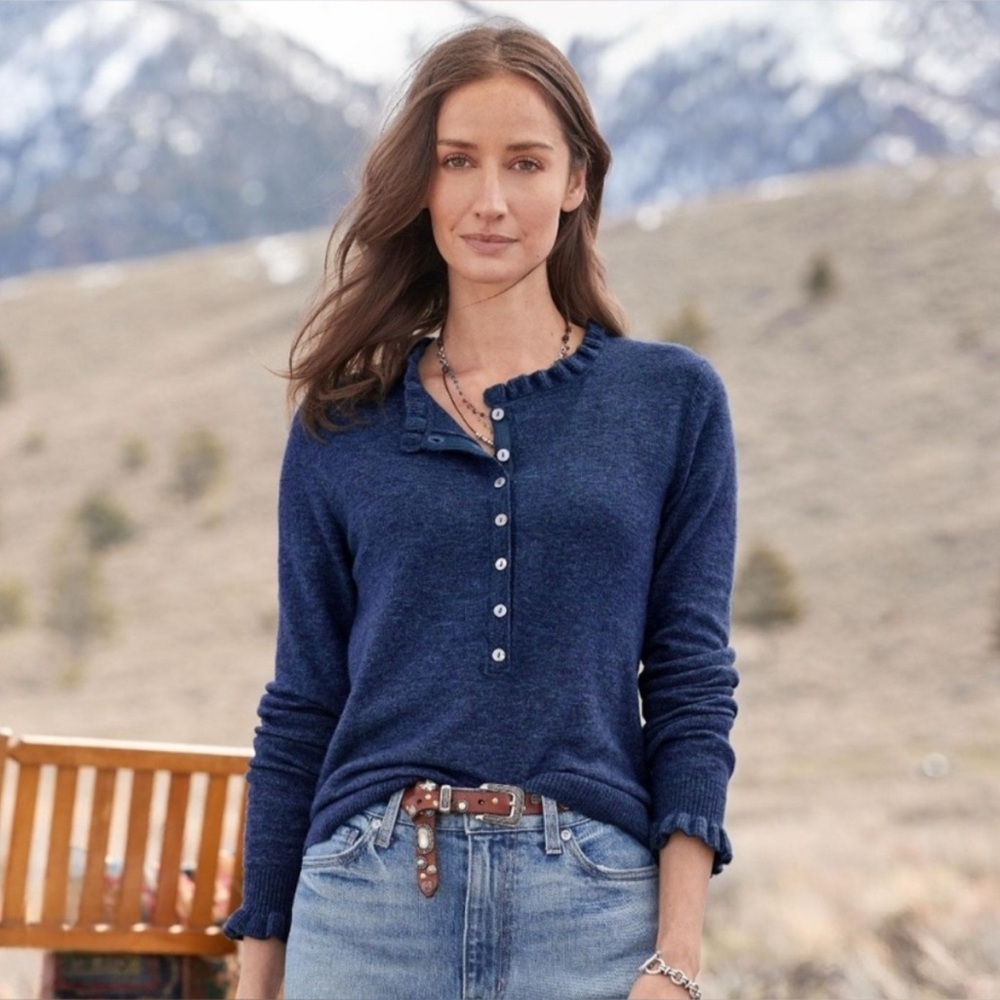 Sz L Sundance Edwina Henley Ruffle Cashmere Wool Sweater NWOT $205 MSRP